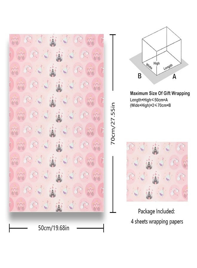Unigift Pink Gift Wrapping Paper, 4 Folded Sheets Kraft Birthday Wrapping Paper Castle Carriage Fairy Tales Princess Magical Gift Wrap Paper 20x28 inch for Girl Women Birthday Party Baby Shower Christmas - Image 2